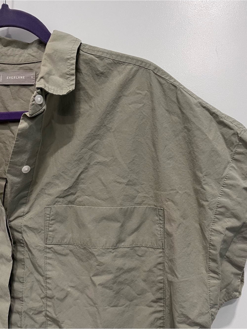 Everlane THE SHORT-SLEEVE BOXY OXFORD Olive Green Button-Up Shirt Medium Cotton - Picture 4 of 6